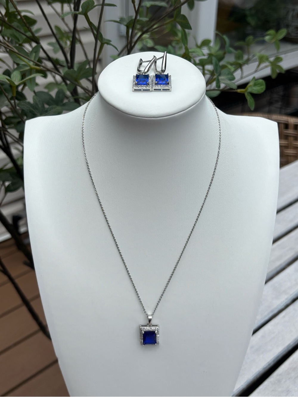 Blue Square Pendant Necklace & 925 Sterling Silver Earrings Set